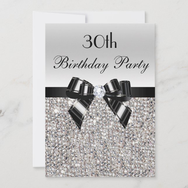30th Birthday Silver Sequin Black Bow Diamond Invitation (Front)