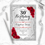 30th Birthday - Silver Stripes Red Roses Invitation<br><div class="desc">30th Birthday Invitation. Elegant floral design in silver and red. Features faux glitter silver stripes,  red roses stylish script font and confetti. Perfect for a glam birthday party.</div>