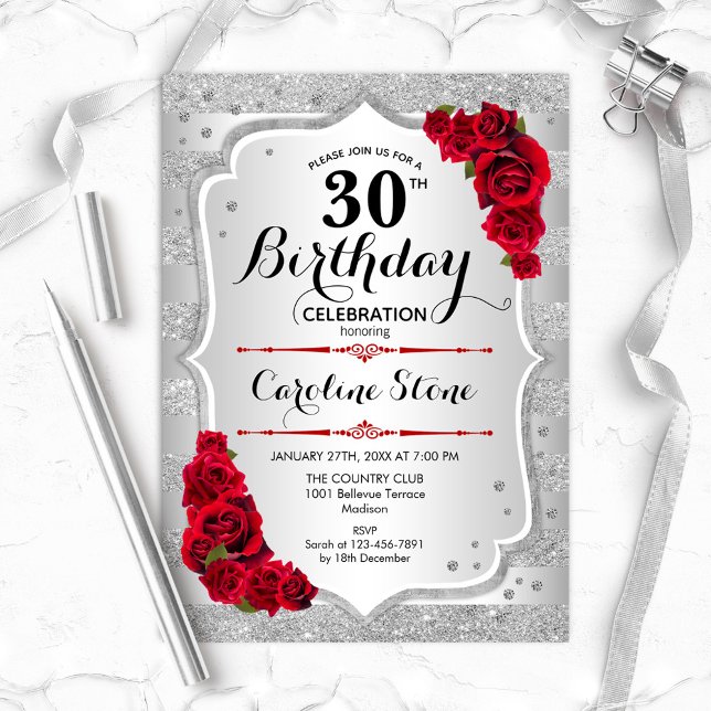 30th Birthday - Silver Stripes Red Roses Invitation (Creator Uploaded)