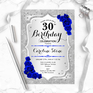 30th Birthday - Silver Stripes Royal Blue Roses Invitation