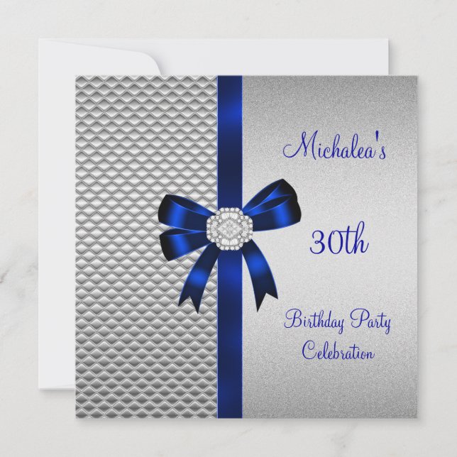 30th Birthday Silver Tiles Blue Diamond Bow Invitation (Front)