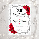 30th Birthday - Silver White Red Roses Invitation<br><div class="desc">Elegant 30th Birthday Invitation. Stylish design in white,  silver and red. Features red roses,  damask pattern and faux glitter silver confetti. Perfect for a glam all white birthday celebration. Can be customised to show any age. Message me if you need further customisation.</div>