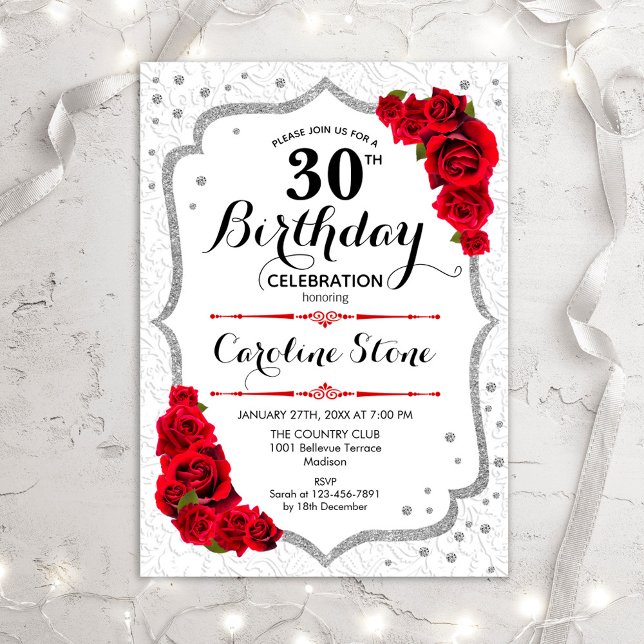30th Birthday - Silver White Red Roses Invitation (Creator Uploaded)
