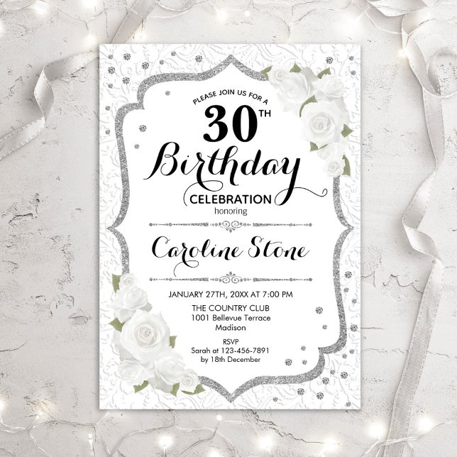 30th Birthday - Silver White Roses Invitation (Creator Uploaded)