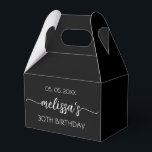 30th Birthday Simple Black Calligraphy Script Favour Box<br><div class="desc">Girly Simple Minimalist Clean Black Monogram Name Signature Script Custom Personalised 30th (or any age) birthday Favour Box. This design featuring your first name in a pretty hand lettered style swash tail font signature typography (or calligraphy), date, "any age" birthday in white on black colour background. These stylish girly feminine...</div>