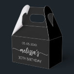 30th Birthday Simple Black Calligraphy Script Favour Box<br><div class="desc">Girly Simple Minimalist Clean Black Monogram Name Signature Script Custom Personalised 30th (or any age) birthday Favour Box. This design featuring your first name in a pretty hand lettered style swash tail font signature typography (or calligraphy), date, "any age" birthday in white on black colour background. These stylish girly feminine...</div>
