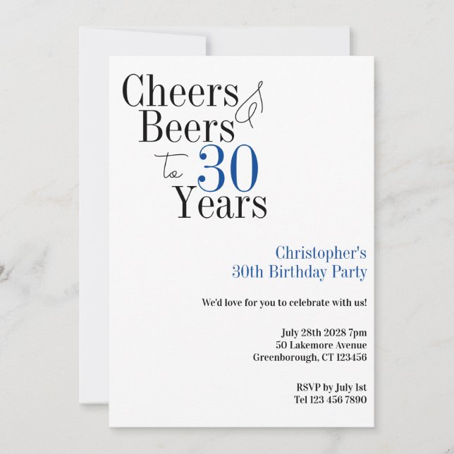 30th Birthday Simple Cheers Beers Party Invitation (Front)