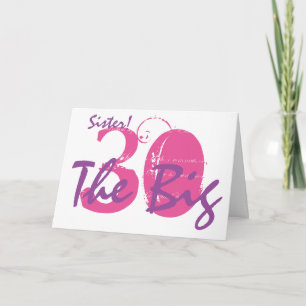 30th Birthday sister, pink, purple text on white. Card