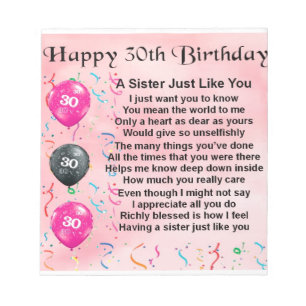 30th Birthday Sister Poem Notepad