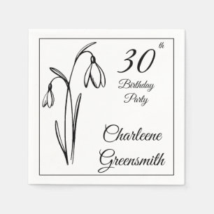 30th Birthday Snowdrop Floral Black And White Napkin