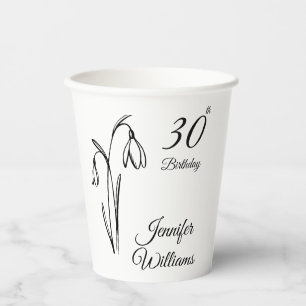 30th Birthday Snowdrop Floral Black And White Paper Cups
