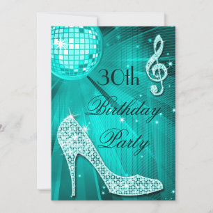 30th Birthday Sparkle Heels and Teal Disco Ball Invitation