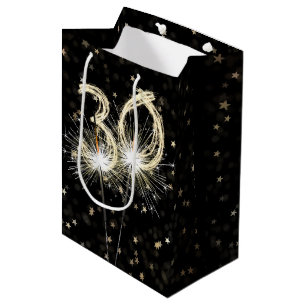 30th Birthday Sparklers on Black With Stars Medium Gift Bag