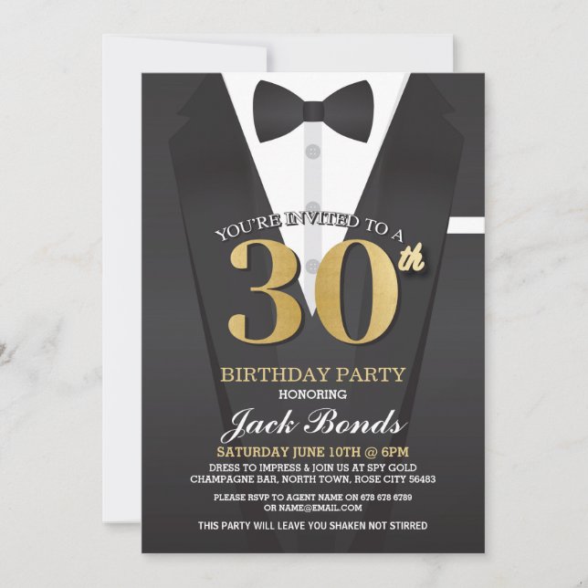 30th Birthday Spy Suit Black tie Gold Invitation (Front)