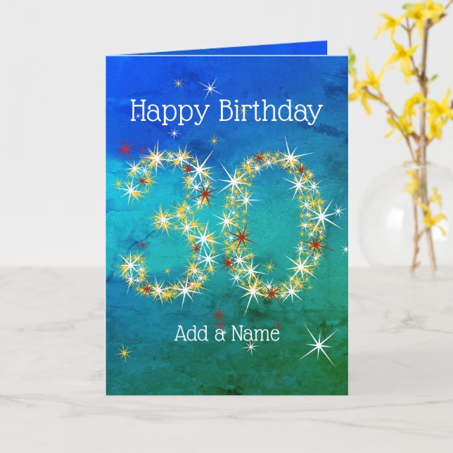 30th Birthday - Star Numbers - Blue Green - Age 30 Card (Yellow Flower)