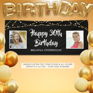30th Birthday String Lights Photo Name Black Banner