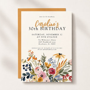 30th Birthday Stylish Fall Watercolor Floral Invitation