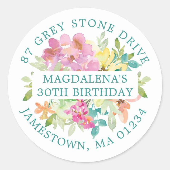30th Birthday Summer Floral Return Address Label (Front)