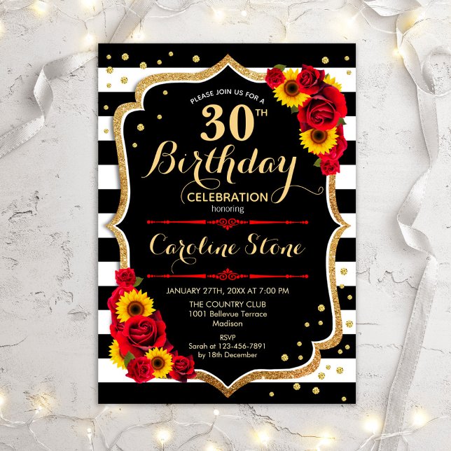 30th Birthday - Sunflowers Roses Black Gold Invitation (Creator Uploaded)