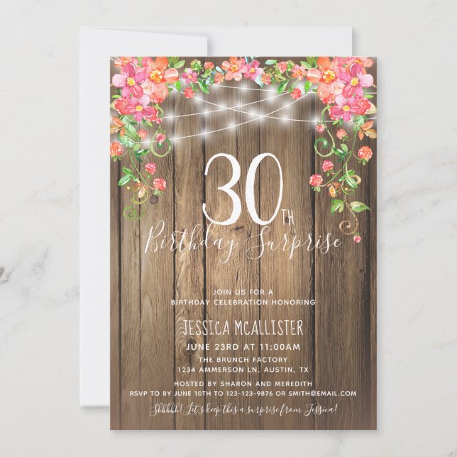 30th Birthday Surprise Brunch Rustic Floral Wood Invitation (Front)