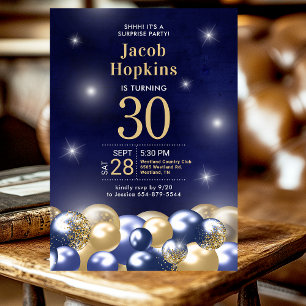 30th Birthday Surprise Navy Blue Gold Balloons Invitation