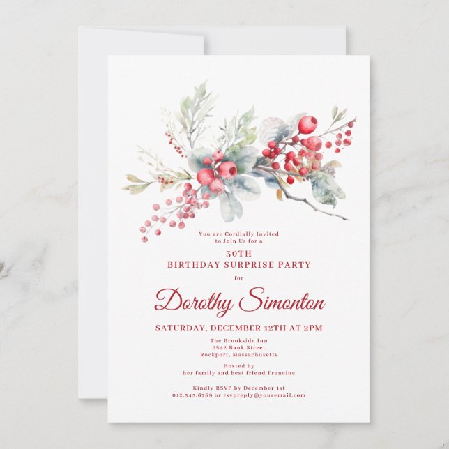 30th Birthday Surprise Party Greenery Red Berry Invitation (Front)