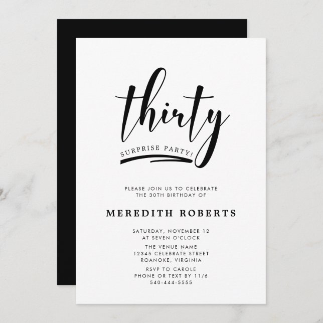 30th Birthday Surprise Party Modern Minimalist Invitation (Front/Back)
