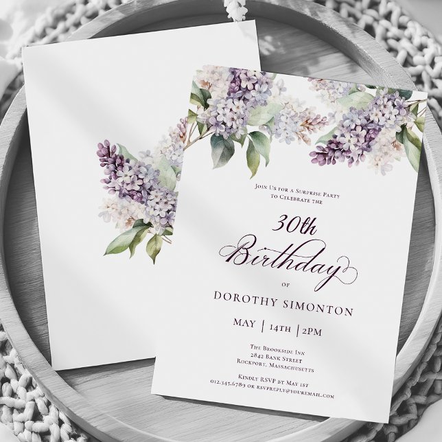 30th Birthday Surprise Party Purple Lilac Flower Invitation (Creator Uploaded)