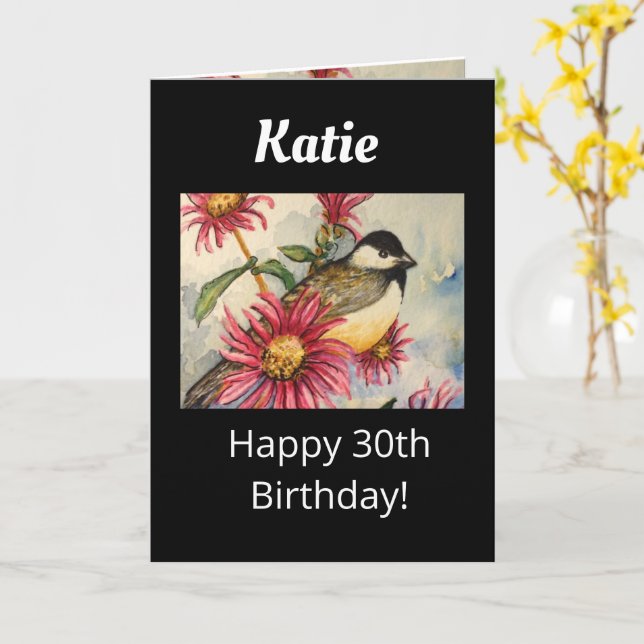 30th Birthday Sweet Chickadee Watercolor Card (Yellow Flower)