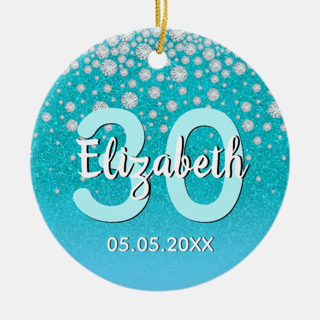 30th birthday teal blue green glitter diamond ceramic tree decoration (Front)