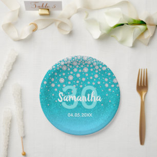 30th birthday teal blue green glitter name paper plate