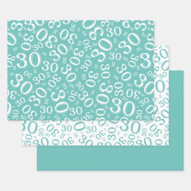 30th Birthday Teal & White Number Pattern 30 Wrapping Paper Sheet (Set)