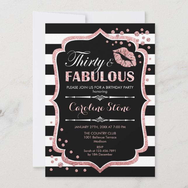30th Birthday - Thirty Fabulous Black Rose Gold Invitation (Front)