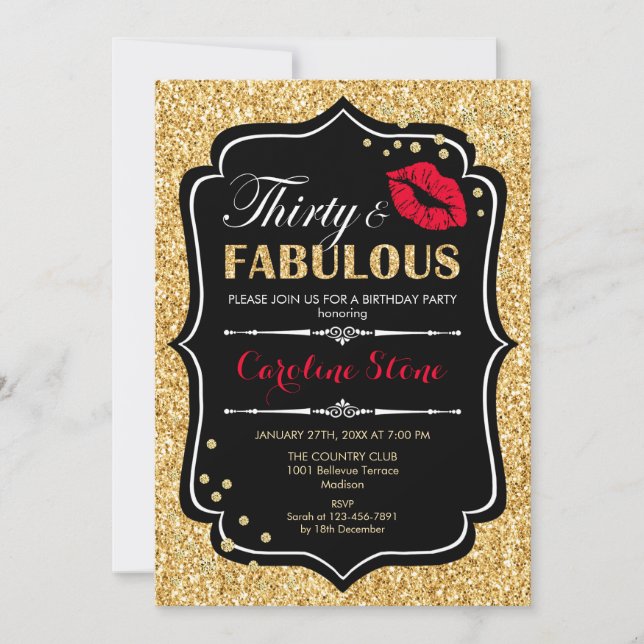 30th Birthday - Thirty Fabulous Gold Black Red Invitation (Front)