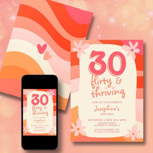 30th Birthday Thirty Flirty & Thriving Retro Pink Invitation (Creator Uploaded)