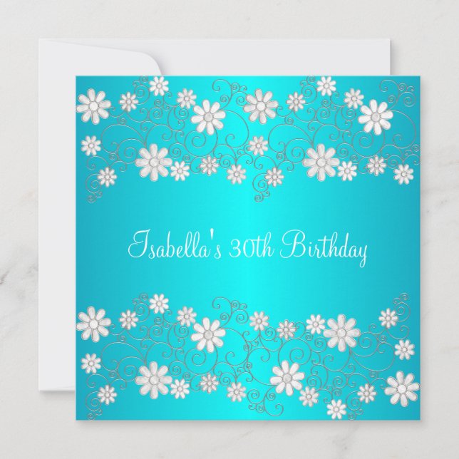 30th Birthday Turquoise & White Floral Invitation (Front)