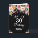 30th Birthday Watercolor Floral Flowers Black Card<br><div class="desc">30th Birthday Watercolor Floral Flowers Black Card with personalised name and age. For further customisation,  please click the "Customise it" button and use our design tool to modify this template.</div>