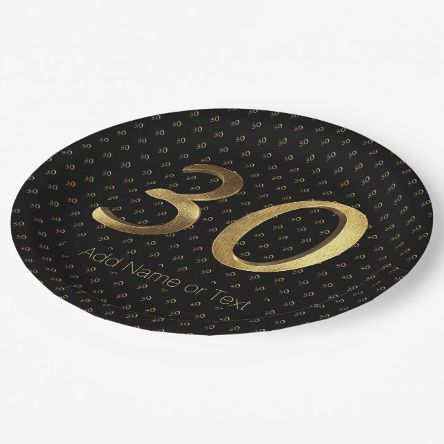 30th Birthday Wedding Anniversary Black and Gold Paper Plate (Angled)