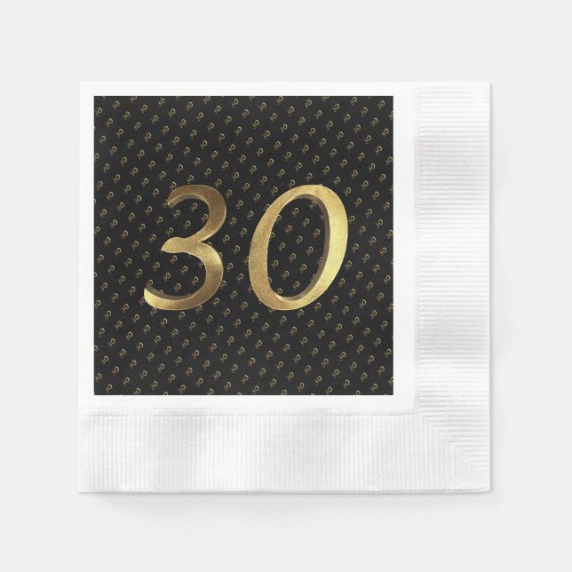 30th Birthday Wedding Anniversary Black Gold Napkin (Front)