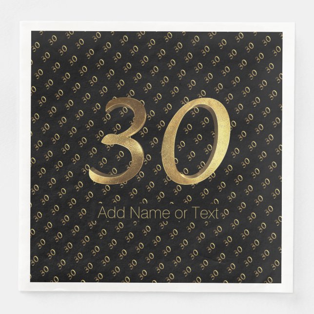 30th Birthday Wedding Anniversary Black Gold Napkin (Front)