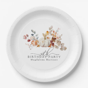 30th Birthday White Pumpkin Fall Flowers Custom Paper Plate