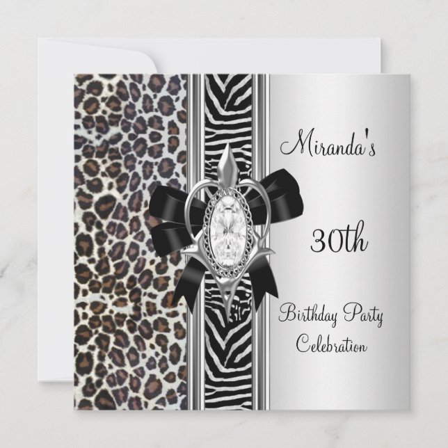30th Birthday Wild Animal Print Diamond Bow Invitation (Front)