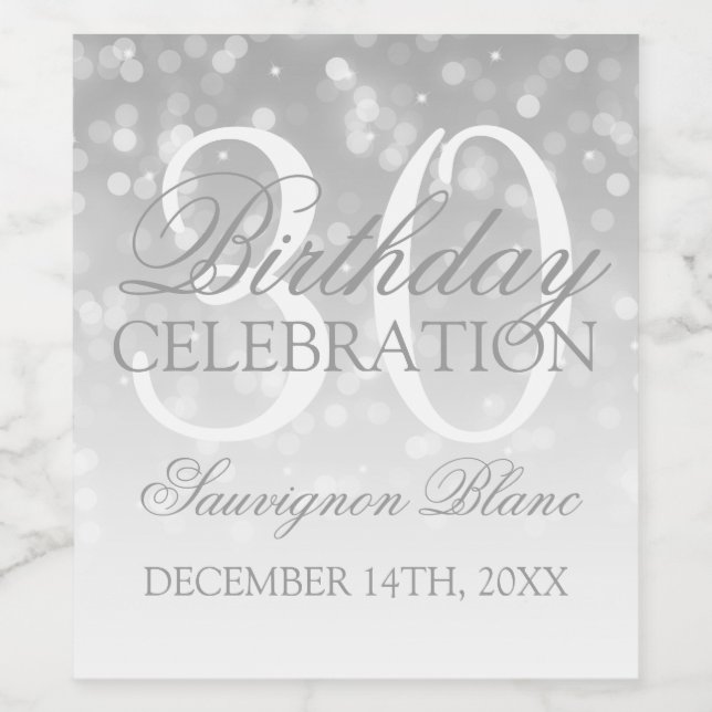 30th Birthday Wine Silver Bokeh Sparkle Lights Label (Single Label)