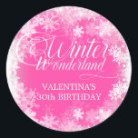 30th Birthday Winter Wonderland Snowflake Favour Classic Round Sticker<br><div class="desc">Elegant winter wonderland 30th birthday invitation features beautiful calligraphy surrounded by a lush snowflake and snow border. The snowflakes pop against the pretty pink background. You can actually change the background colour to any colour. Winter Wonderland can't be changed, but all of the remaining text can be edited. This item...</div>
