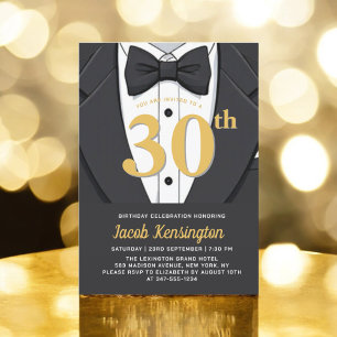 30th Black and Gold Tuxedo Birthday Event Invitation