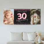 30th Black Pink Happy Birthday Photo Banner<br><div class="desc">Milestone girly birthday party banner featuring a trendy black background,  2 large photos,  pink sparkle glitter,  30 pink hellium balloons,  and a custom celebration template that is easy to personalise.</div>