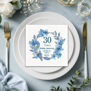 30th Blue Floral Pearl Wedding Anniversary Napkin
