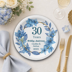 30th Blue Floral Pearl Wedding Anniversary  Paper Plate