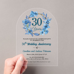 30th Blue Floral Surprise Wedding Anniversary Acrylic Invitations