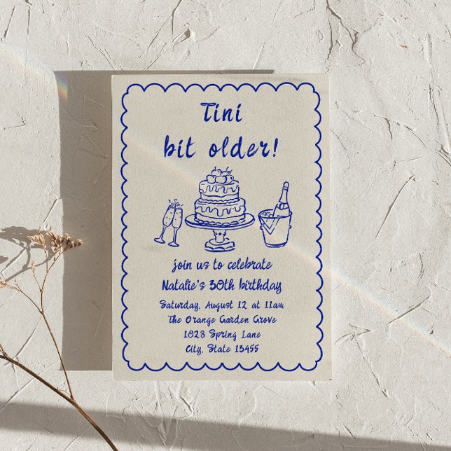30th Blue Hand Drawn Champagne Cake Birthday Party Invitation (Creator Uploaded)